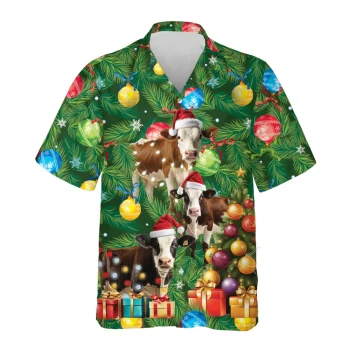 Dairy Catlle Cow Christmas Hawaiian Shirts, Christmas Tree Hawaiian Beach Shirts, Cow Lovers Button Down Short Sleeve Shirts, Xmas Gifts Aloha Shirts