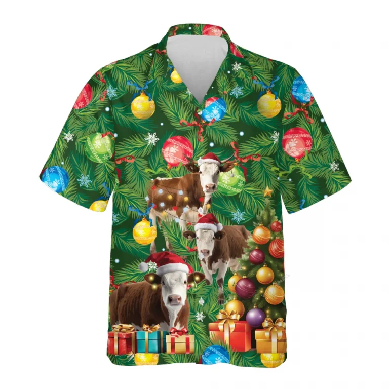 Hereford Cow Christmas Hawaiian Shirts, Christmas Tree Hawaiian Beach Shirts, Cow Lovers Button Down Short Sleeve Shirts, Xmas Gifts Aloha Shirts