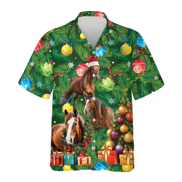 Horse Christmas Hawaiian Shirts, Christmas Pine Tree Hawaiian Beach Shirts, Horse Lovers Button Down Short Sleeve Shirts, Xmas Gifts Aloha Shirts