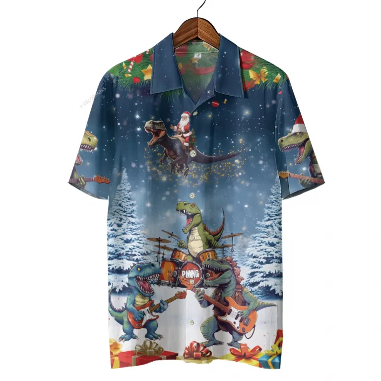 Santa Dinosaurs Christmas Hawaiian Shirts, Music Band Chirtsmas Hawaiian Beach Shirt, Christmas Button Down Short Sleeve Shirts, Xmas Aloha Shirts