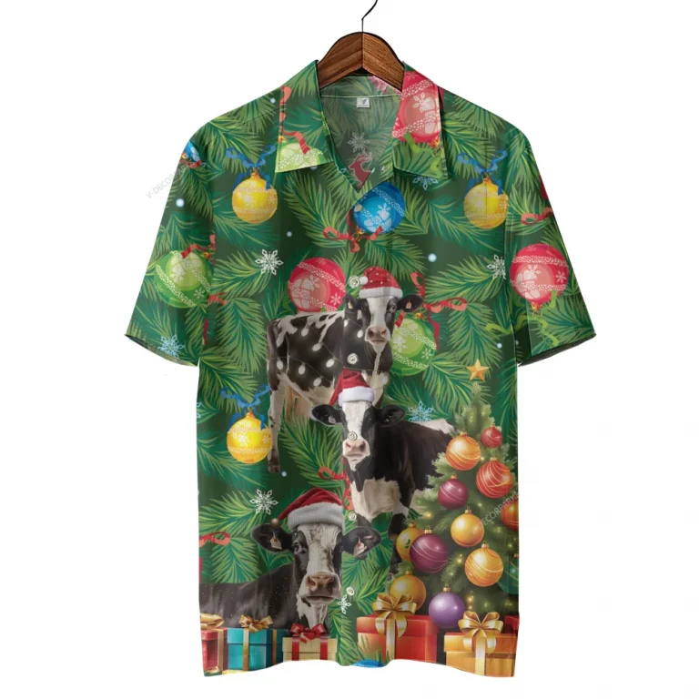 Fresian Cow Christmas Hawaiian Shirts, Christmas Tree Hawaiian Beach Shirts, Cow Lovers Button Down Short Sleeve Shirts, Xmas Gifts Aloha Shirts