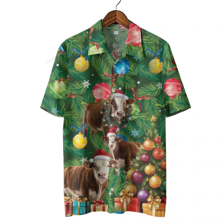 Simmental Cattle Christmas Hawaiian Shirts, Christmas Tree Hawaiian Beach Shirts, Cow Lover Button Down Short Sleeve Shirts, Xmas Gifts Aloha Shirts