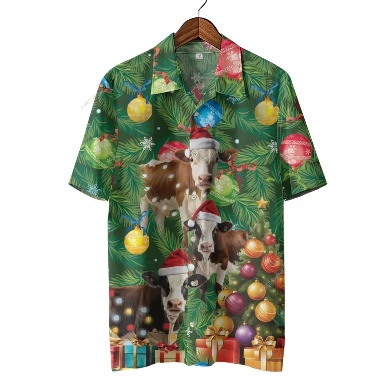 Dairy Catlle Cow Christmas Hawaiian Shirts, Christmas Tree Hawaiian Beach Shirts, Cow Lovers Button Down Short Sleeve Shirts, Xmas Gifts Aloha Shirts