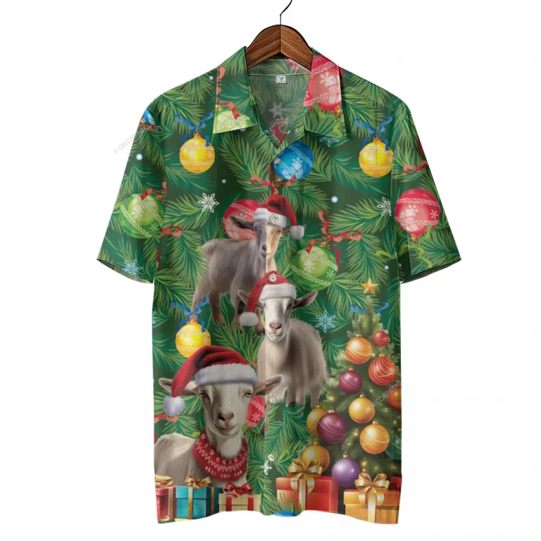 Goat Christmas Hawaiian Shirts, Christmas Pine Tree Hawaiian Beach Shirts, Goat Lovers Button Down Short Sleeve Shirts, Xmas Gifts Aloha Shirts