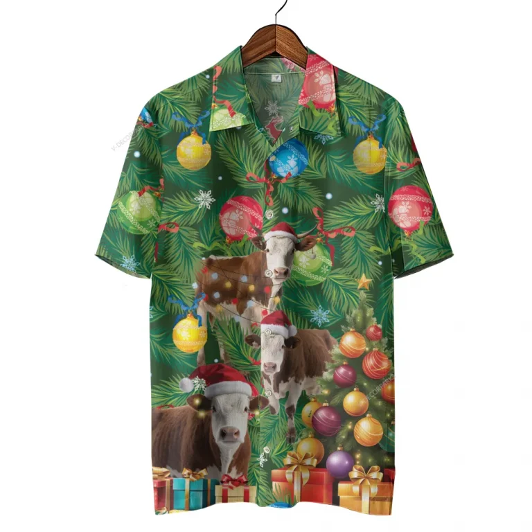 Hereford Cow Christmas Hawaiian Shirts, Christmas Tree Hawaiian Beach Shirts, Cow Lovers Button Down Short Sleeve Shirts, Xmas Gifts Aloha Shirts