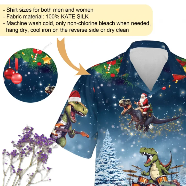 Santa Dinosaurs Christmas Hawaiian Shirts, Music Band Chirtsmas Hawaiian Beach Shirt, Christmas Button Down Short Sleeve Shirts, Xmas Aloha Shirts
