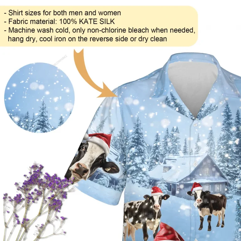 Fresian Cow Christmas Hawaiian Shirts, Snowy Christmas Farm Hawaiian Beach Shirts, Cow Lovers Button Down Short Sleeve Shirts, Xmas Gifts Aloha Shirts