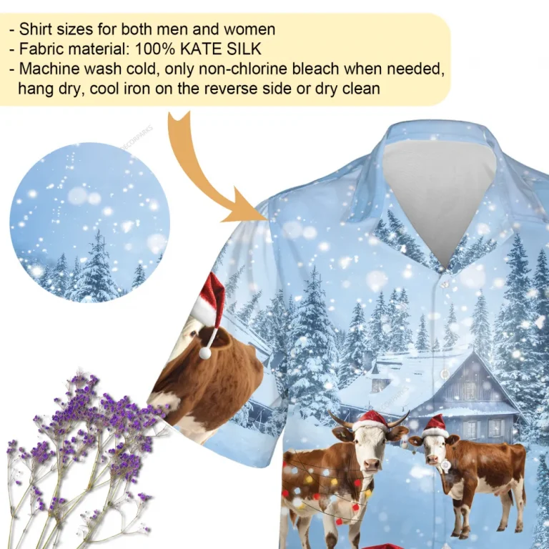 Hereford Cow Christmas Hawaiian Shirts, Snowy Christmas Farm Hawaiian Beach Shirts, Cow Lovers Button Down Short Sleeve Shirts, Xmas Gifts Aloha Shirt