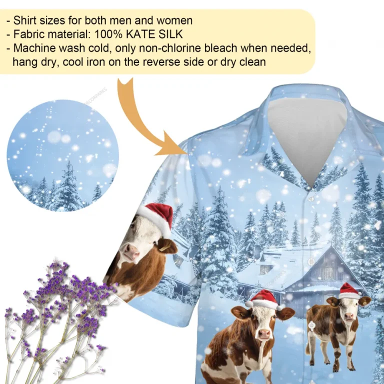 Shorthorn Cow Christmas Hawaiian Shirts, Snowy Christmas Farm Hawaiian Beach Shirt, Cow Lovers Button Down Short Sleeve Shirts, Xmas Gifts Aloha Shirt