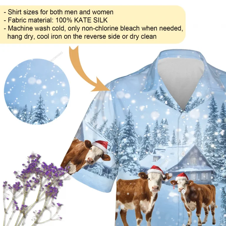 Simmental Cattle Christmas Hawaiian Shirts, Snowy Christmas Farm Hawaiian Beach Shirt, Cow Lovers Button Down Short Sleeve Shirts, Xmas Aloha Shirts