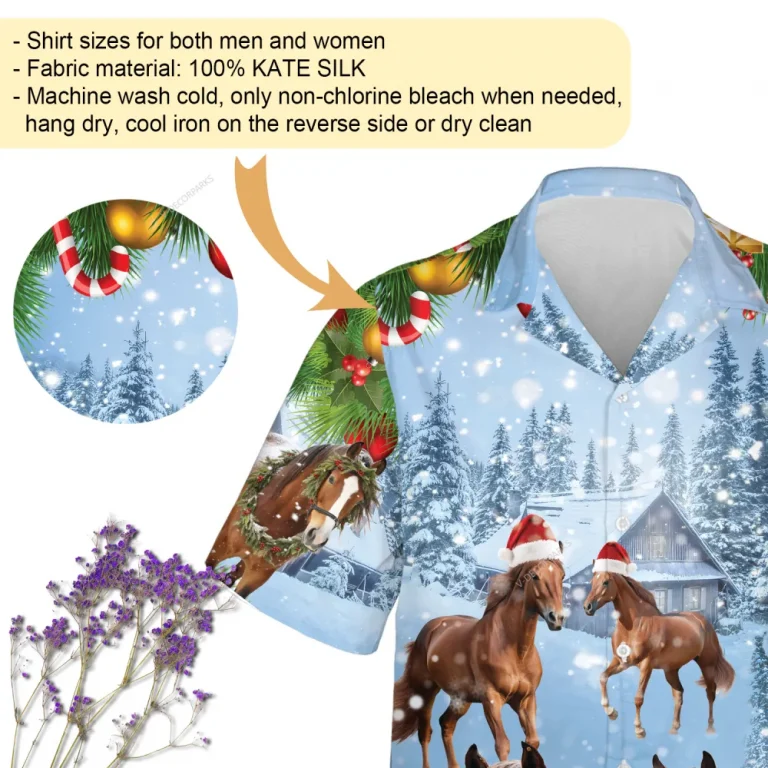 Santa Horse Christmas Hawaiian Shirts, Snowy Christmas Farm Barn Hawaiian Beach Shirt, Horse Lovers Button Down Short Sleeve Shirts, Xmas Aloha Shirts