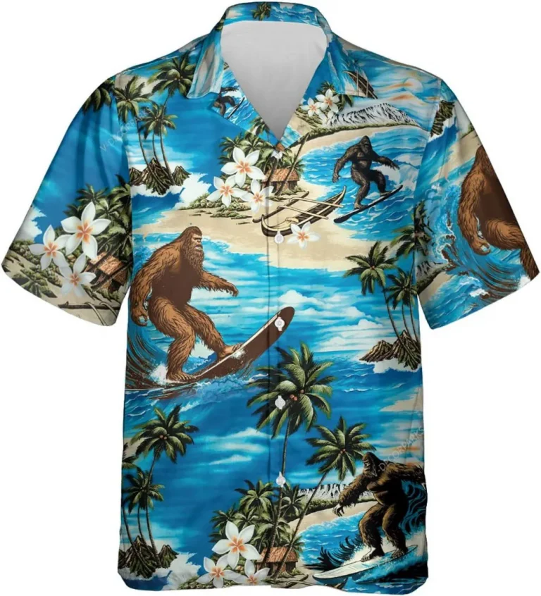 Bigfoot Surfing And Tropical Island Hawaiian Shirt For Men Women, Funny Bigfoot Shirt, Tropical Beach Shirt, Sasquatch Shirt, Summer Aloha Shirt