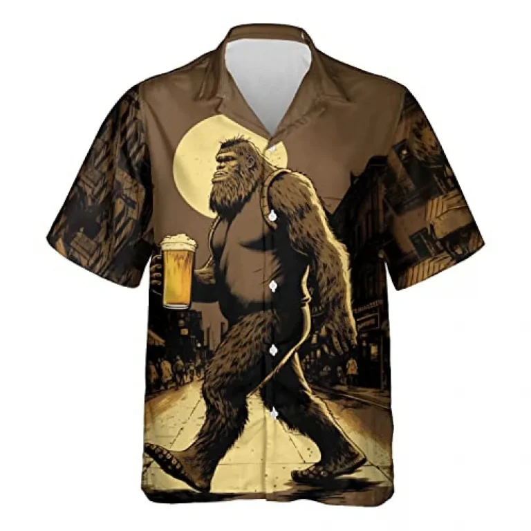 Bigfoot Walking Hawaiian Shirt, Sasquatch Summer Shirts, Bigfoot Drinking Beer Casual Button Down Shirts For Men, Funny Bigfoot Shirt Short Sleeve