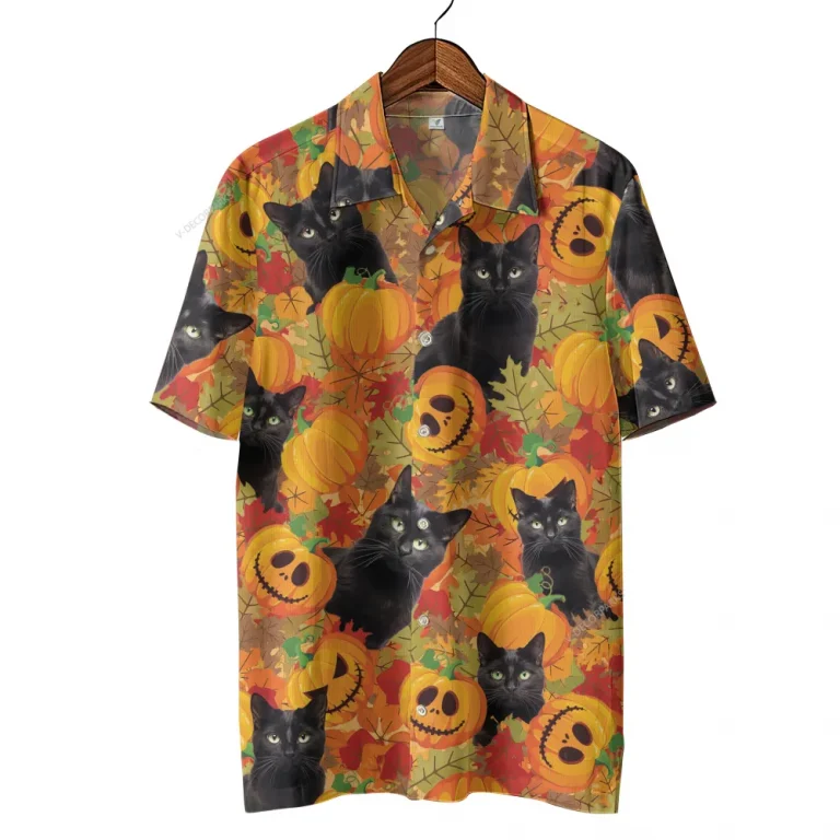 Black Cat Halloween Hawaiian Shirt For Men Women, Pumpkins Maple Black Cat Halloween Beach Shirts, Black Cat Button Down Short Sleeve Hawaiian Shirt