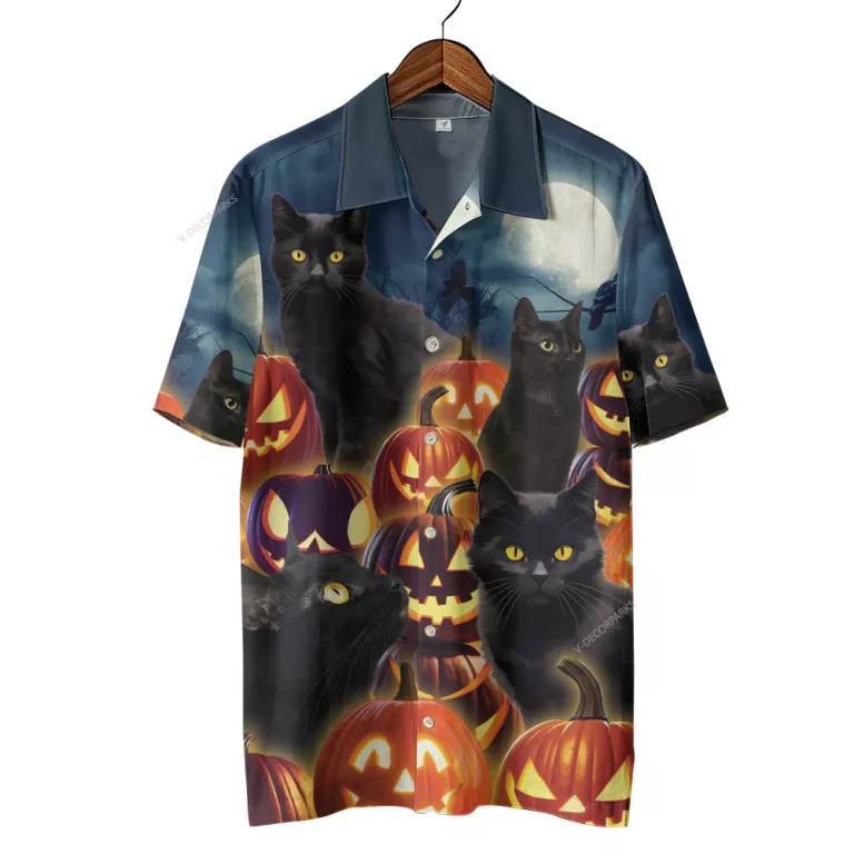Black Cat Halloween Hawaiian Shirts, Jack-o-lantern Summer Shirt, Pumpkins Spooky Aloha Shirts,black Cat Lover Button Down Short Sleeve Hawaiian Shirt