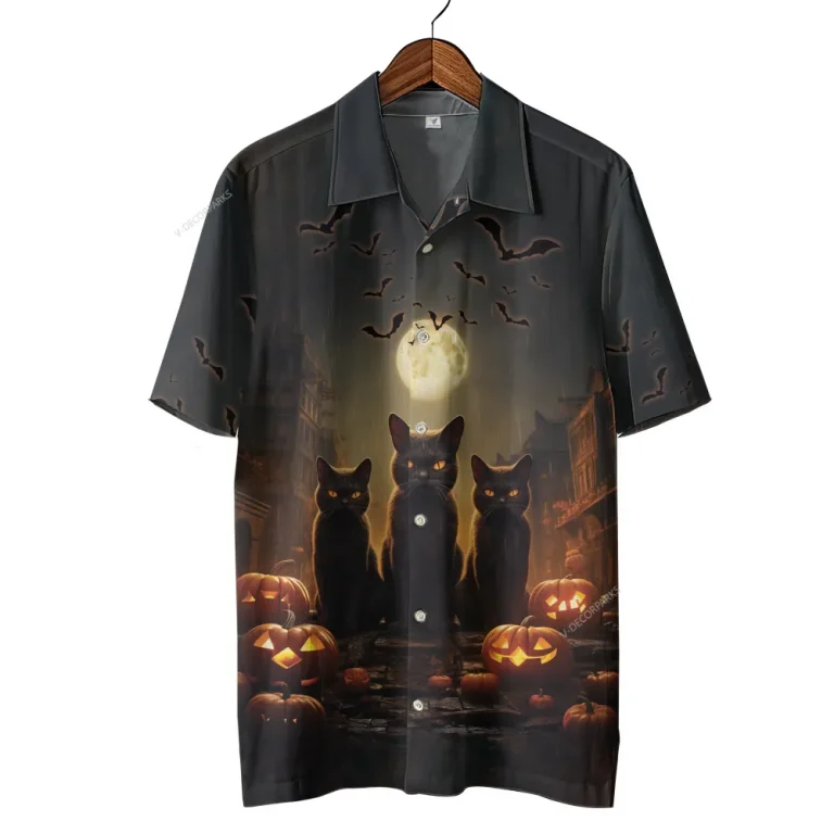 Horror Black Cats Halloween Hawaiian Shirts, Scary Night Summer Beach Shirt, Spooky Aloha Shirts, Cat Lover Button Down Short Sleeve Hawaiian Shirts