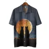 Couple Black Cats Halloween Hawaiian Shirts, Scary Night Full Moon Beach Shirt, Spooky Aloha Shirts, Cat Lover Button Down Short Sleeve Hawaiian Shirt