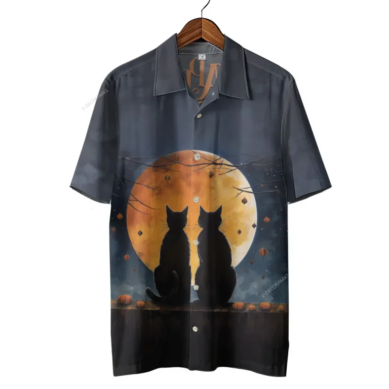Couple Black Cats Halloween Hawaiian Shirts, Scary Night Full Moon Beach Shirt, Spooky Aloha Shirts, Cat Lover Button Down Short Sleeve Hawaiian Shirt