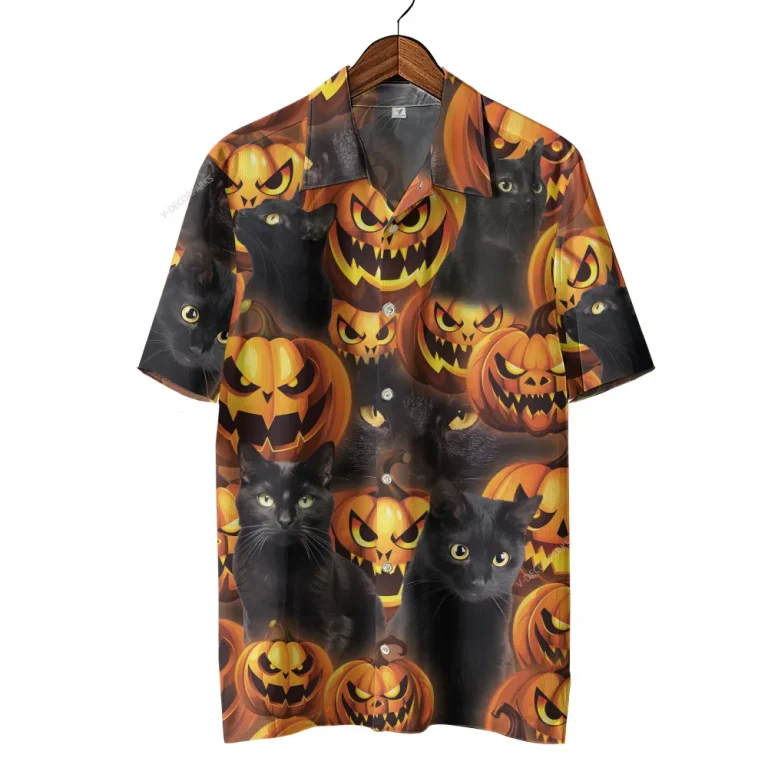 Black Cat Halloween Hawaiian Shirts,horror Pumpkins Summer Shirt, Jack-o-lantern Aloha Shirts, Black Cat Lover Button Down Short Sleeve Hawaiian Shirt