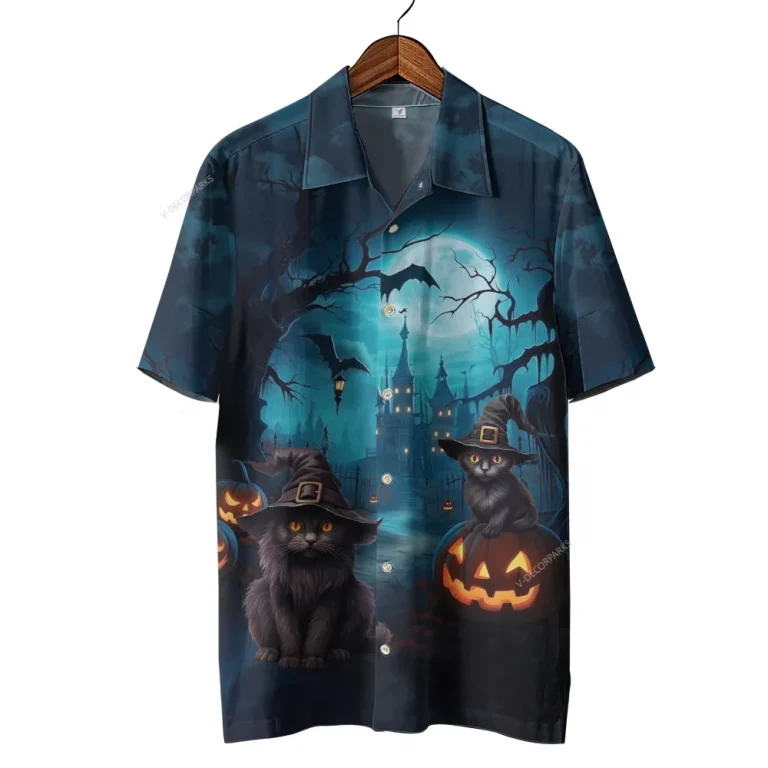 Black Cat Witch Halloween Hawaiian Shirts,scary Night Button Down Short Sleeve Hawaiian Shirts, Haunted Castle Summer Beach Shirts, Horror Aloha Shirt