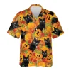 Black Cat Halloween Hawaiian Shirt For Men Women, Pumpkins Maple Black Cat Halloween Beach Shirts, Black Cat Button Down Short Sleeve Hawaiian Shirt
