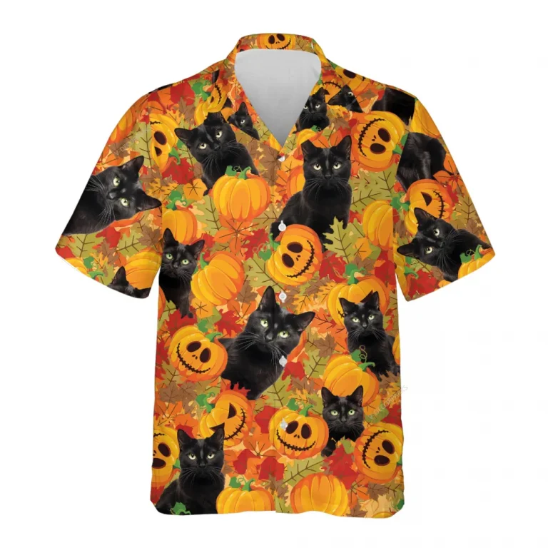 Black Cat Halloween Hawaiian Shirt For Men Women, Pumpkins Maple Black Cat Halloween Beach Shirts, Black Cat Button Down Short Sleeve Hawaiian Shirt