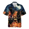 Black Cat Halloween Hawaiian Shirts, Jack-o-lantern Summer Shirt, Pumpkins Spooky Aloha Shirts,black Cat Lover Button Down Short Sleeve Hawaiian Shirt