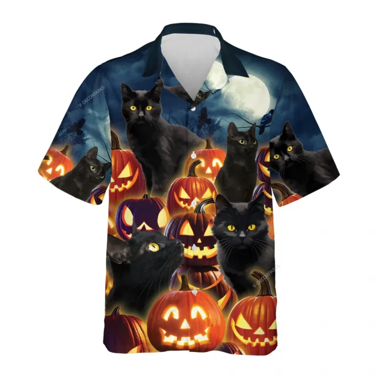 Black Cat Halloween Hawaiian Shirts, Jack-o-lantern Summer Shirt, Pumpkins Spooky Aloha Shirts,black Cat Lover Button Down Short Sleeve Hawaiian Shirt
