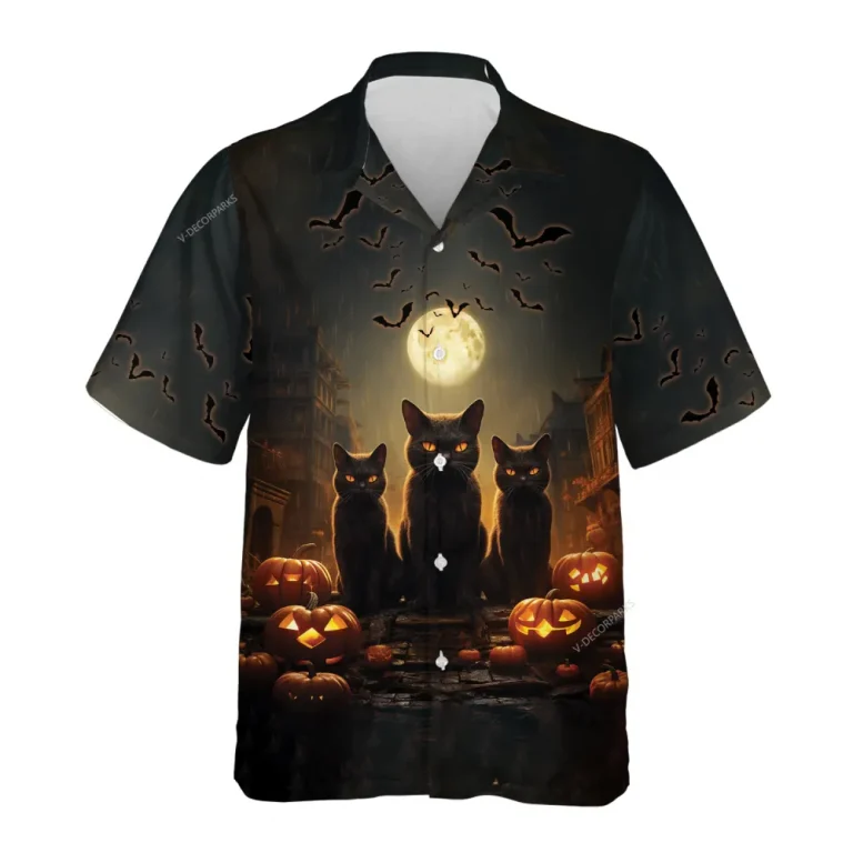Horror Black Cats Halloween Hawaiian Shirts, Scary Night Summer Beach Shirt, Spooky Aloha Shirts, Cat Lover Button Down Short Sleeve Hawaiian Shirts