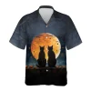Couple Black Cats Halloween Hawaiian Shirts, Scary Night Full Moon Beach Shirt, Spooky Aloha Shirts, Cat Lover Button Down Short Sleeve Hawaiian Shirt