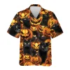 Black Cat Halloween Hawaiian Shirts,horror Pumpkins Summer Shirt, Jack-o-lantern Aloha Shirts, Black Cat Lover Button Down Short Sleeve Hawaiian Shirt