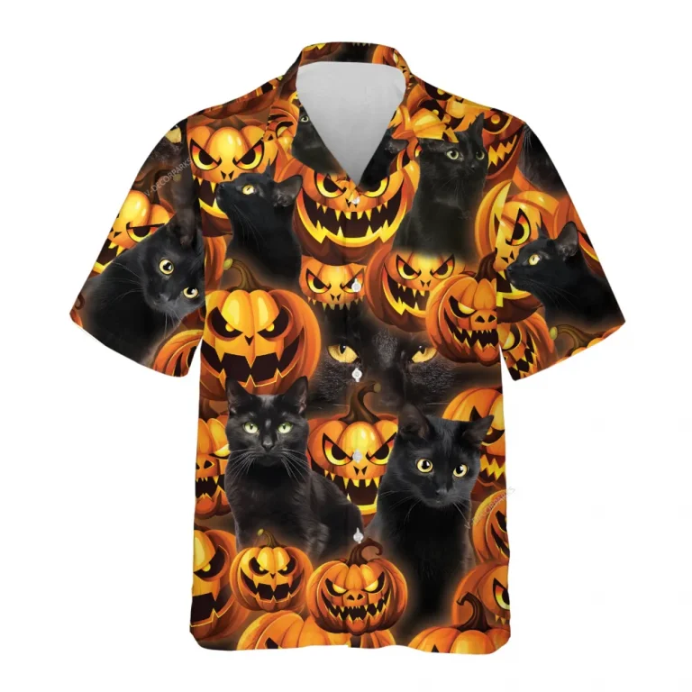Black Cat Halloween Hawaiian Shirts,horror Pumpkins Summer Shirt, Jack-o-lantern Aloha Shirts, Black Cat Lover Button Down Short Sleeve Hawaiian Shirt