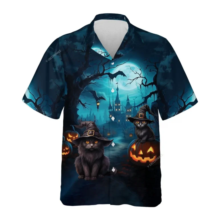 Black Cat Witch Halloween Hawaiian Shirts,scary Night Button Down Short Sleeve Hawaiian Shirts, Haunted Castle Summer Beach Shirts, Horror Aloha Shirt