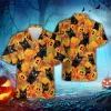 Black Cat Halloween Hawaiian Shirt For Men Women, Pumpkins Maple Black Cat Halloween Beach Shirts, Black Cat Button Down Short Sleeve Hawaiian Shirt