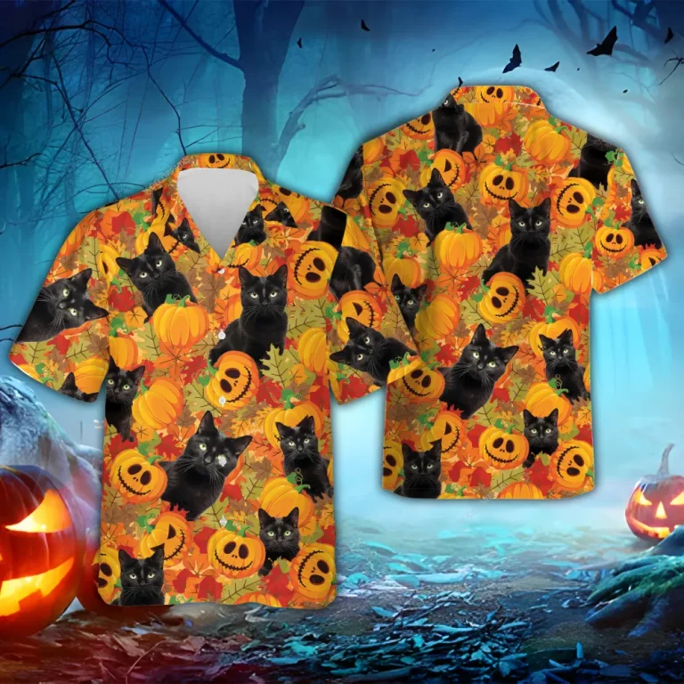 Black Cat Halloween Hawaiian Shirt For Men Women, Pumpkins Maple Black Cat Halloween Beach Shirts, Black Cat Button Down Short Sleeve Hawaiian Shirt
