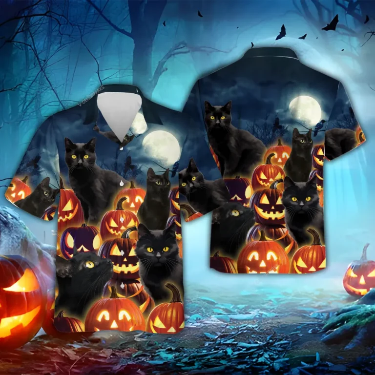 Black Cat Halloween Hawaiian Shirts, Jack-o-lantern Summer Shirt, Pumpkins Spooky Aloha Shirts,black Cat Lover Button Down Short Sleeve Hawaiian Shirt