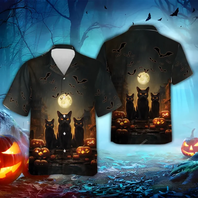 Horror Black Cats Halloween Hawaiian Shirts, Scary Night Summer Beach Shirt, Spooky Aloha Shirts, Cat Lover Button Down Short Sleeve Hawaiian Shirts