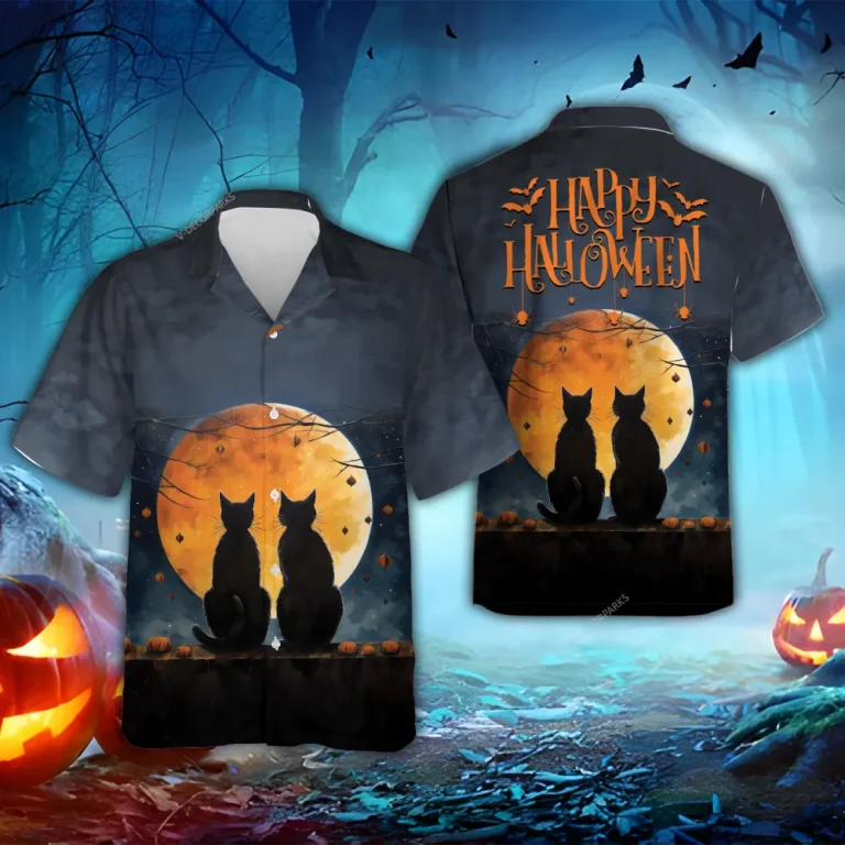 Couple Black Cats Halloween Hawaiian Shirts, Scary Night Full Moon Beach Shirt, Spooky Aloha Shirts, Cat Lover Button Down Short Sleeve Hawaiian Shirt
