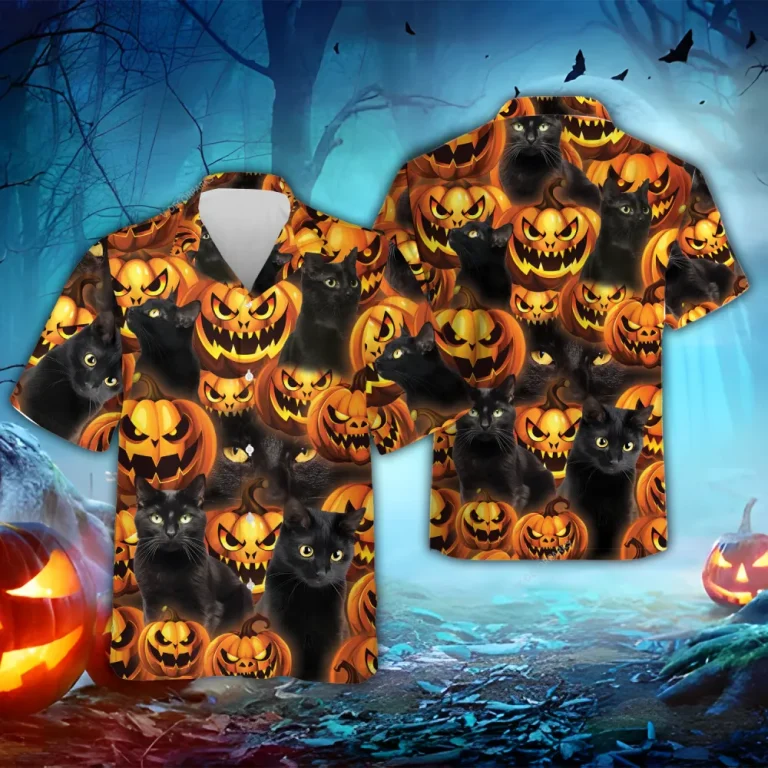 Black Cat Halloween Hawaiian Shirts,horror Pumpkins Summer Shirt, Jack-o-lantern Aloha Shirts, Black Cat Lover Button Down Short Sleeve Hawaiian Shirt