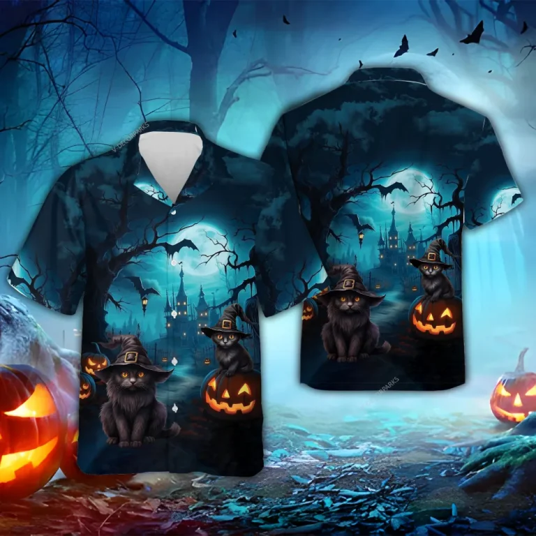 Black Cat Witch Halloween Hawaiian Shirts,scary Night Button Down Short Sleeve Hawaiian Shirts, Haunted Castle Summer Beach Shirts, Horror Aloha Shirt