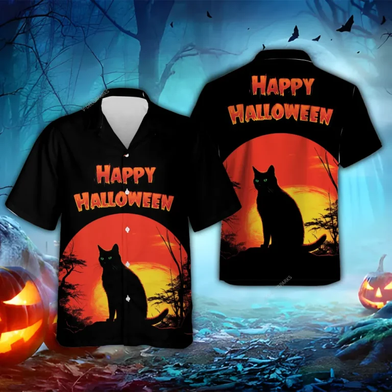 Black Cat Halloween Hawaiian Shirts, Black Cat Fullmoon Halloween Summer Shirt, Spooky Aloha Shirts, Horror Button Down Short Sleeve Hawaiian Shirts