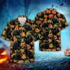 Black Cat Halloween Hawaiian Shirts, Horror Pumpkins Summer Shirts, Spooky Aloha Shirts, Black Cat Lovers Button Down Short Sleeve Hawaiian Shirts