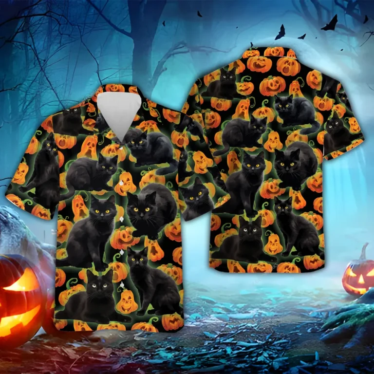Black Cat Halloween Hawaiian Shirts, Horror Pumpkins Summer Shirts, Spooky Aloha Shirts, Black Cat Lovers Button Down Short Sleeve Hawaiian Shirts