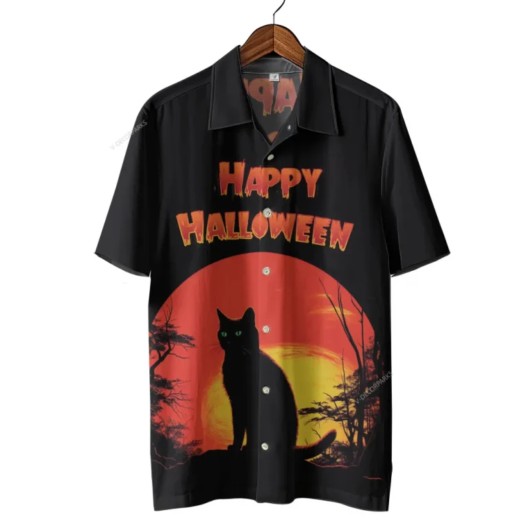 Black Cat Halloween Hawaiian Shirts, Black Cat Fullmoon Halloween Summer Shirt, Spooky Aloha Shirts, Horror Button Down Short Sleeve Hawaiian Shirts