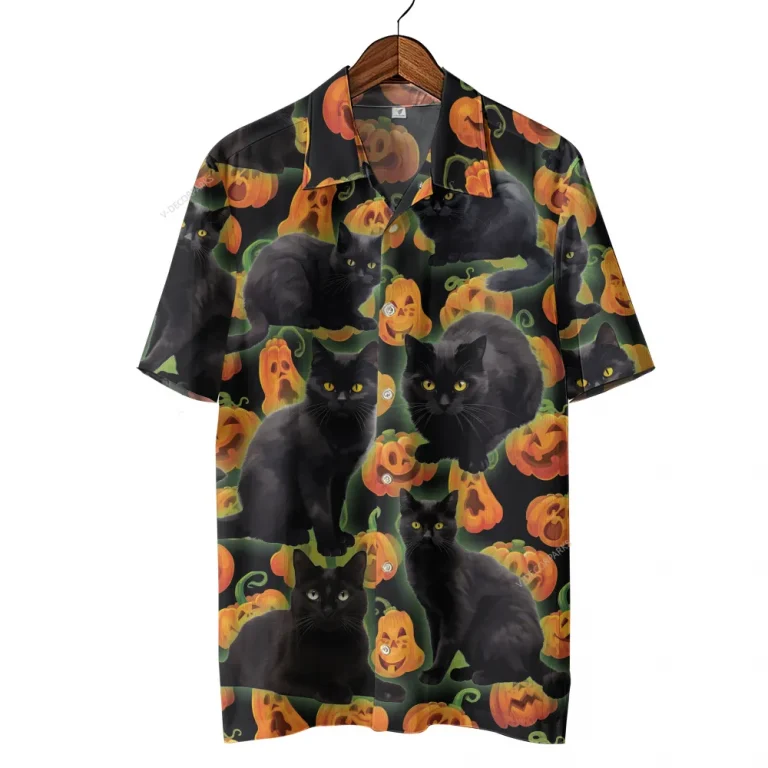 Black Cat Halloween Hawaiian Shirts, Horror Pumpkins Summer Shirts, Spooky Aloha Shirts, Black Cat Lovers Button Down Short Sleeve Hawaiian Shirts