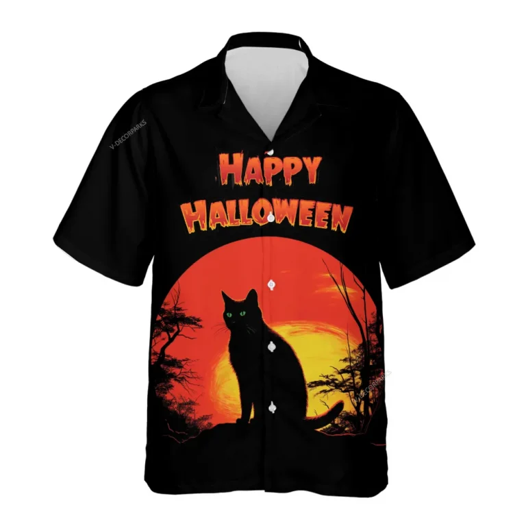 Black Cat Halloween Hawaiian Shirts, Black Cat Fullmoon Halloween Summer Shirt, Spooky Aloha Shirts, Horror Button Down Short Sleeve Hawaiian Shirts