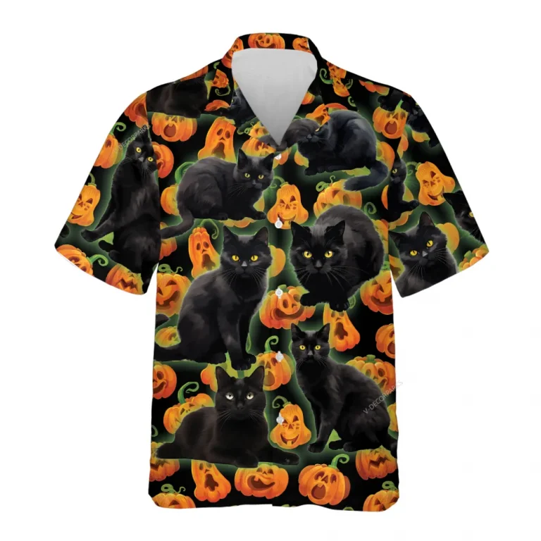 Black Cat Halloween Hawaiian Shirts, Horror Pumpkins Summer Shirts, Spooky Aloha Shirts, Black Cat Lovers Button Down Short Sleeve Hawaiian Shirts