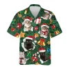 Merry Christmas Hawaiian Shirts, Pine Tree Cat Santa Summer Beach Shirts, Christmas Button Down Shirt Short Sleeve, Cat Lovers Christmas Aloha Shirts