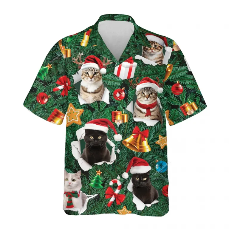 Merry Christmas Hawaiian Shirts, Pine Tree Cat Santa Summer Beach Shirts, Christmas Button Down Shirt Short Sleeve, Cat Lovers Christmas Aloha Shirts