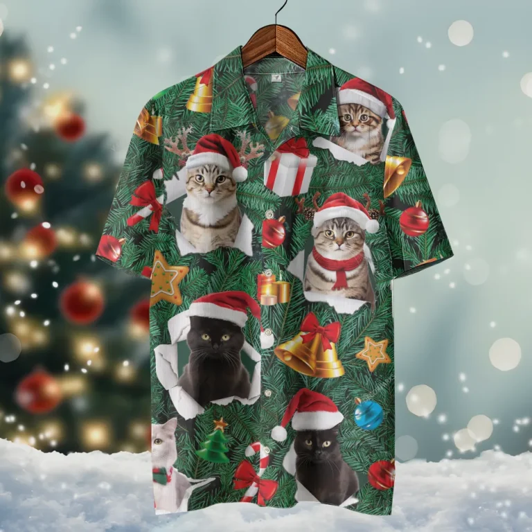 Merry Christmas Hawaiian Shirts, Pine Tree Cat Santa Summer Beach Shirts, Christmas Button Down Shirt Short Sleeve, Cat Lovers Christmas Aloha Shirts